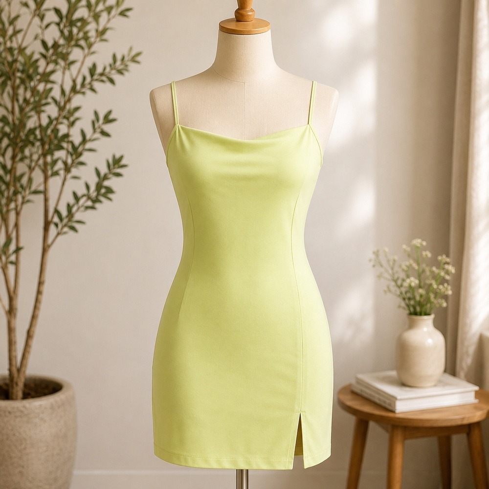 NWOT Naked Wardrobe Mini Dress Medium Lime Green Ribbed‎ Spaghetti Strap Slit